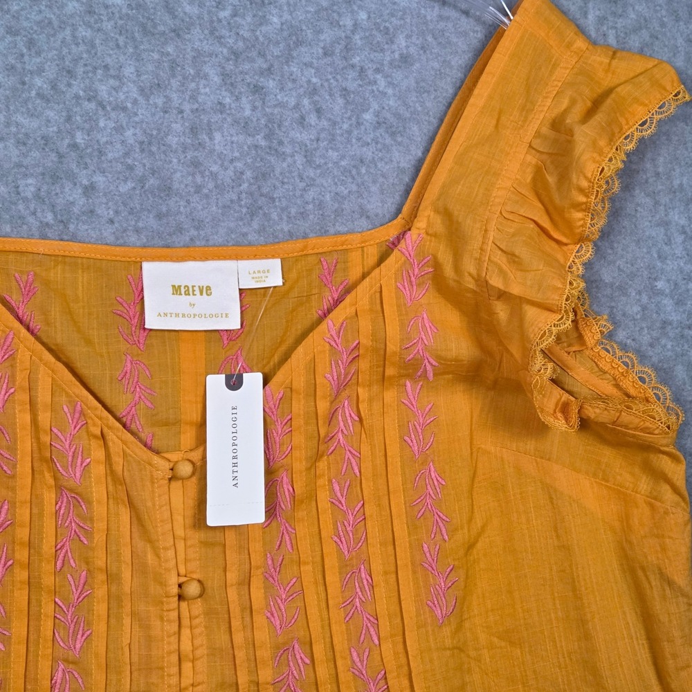 Maeve Anthropologie Womens Large Sleeveless Embroidered Blouse Yellow